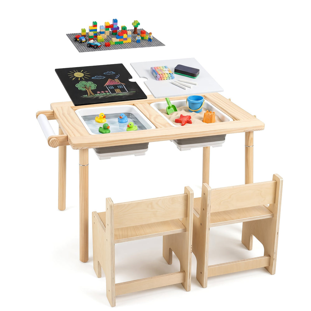 Sensory Table Set 3-Piece Kids Activity Table and Chair Set with Adjustable Height-Natural
