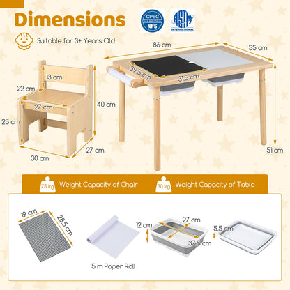 Sensory Table Set 3-Piece Kids Activity Table and Chair Set with Adjustable Height-Natural
