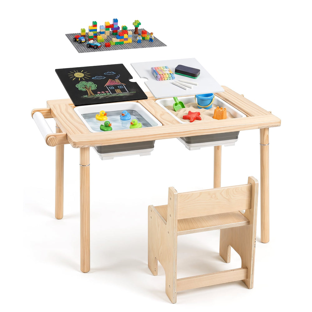 Sensory Table Set Kids Activity Table and Chair Set with Adjustable Height-Natural