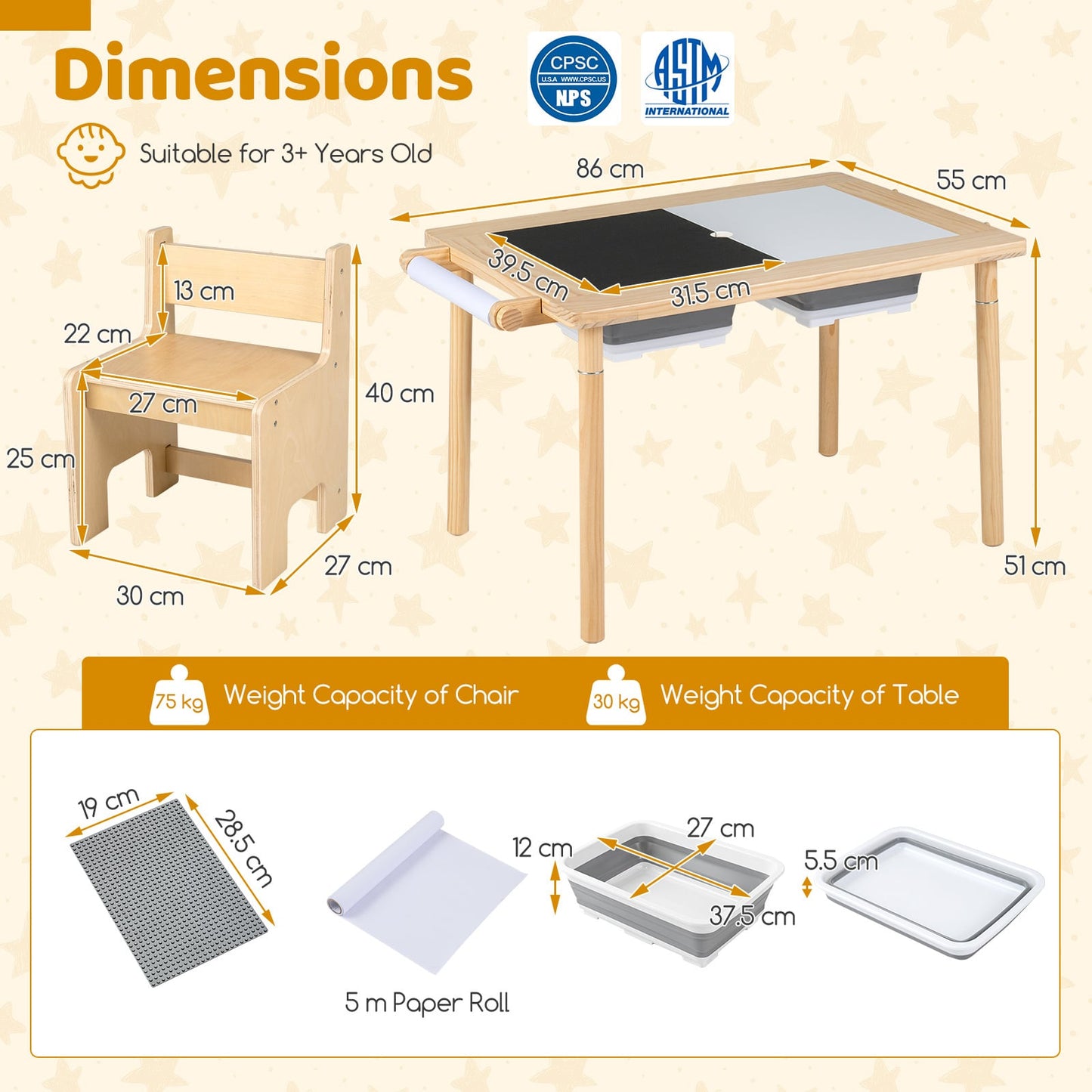 Sensory Table Set Kids Activity Table and Chair Set with Adjustable Height-Natural