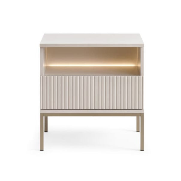 Modern side table with a white top and wooden base on a white background