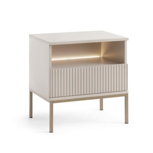 White cabinet with a metallic finish on a white background