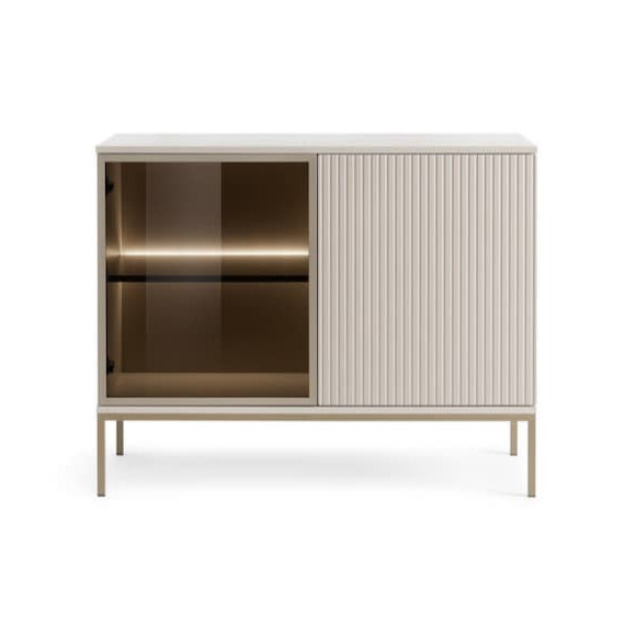 Modern cabinet with sliding door on a white background
