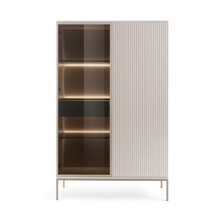 Modern cabinet with glass doors and striped design on a white background