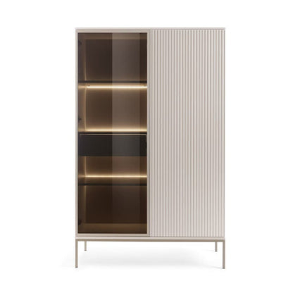 Modern cabinet with glass doors and striped design on a white background