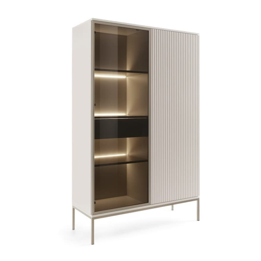Modern cabinet with open doors on a white background