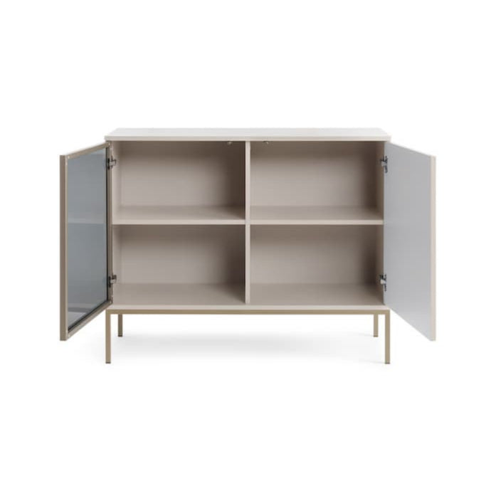 Beige cabinet with open doors on a white background