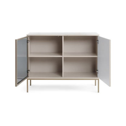 Beige cabinet with open doors on a white background