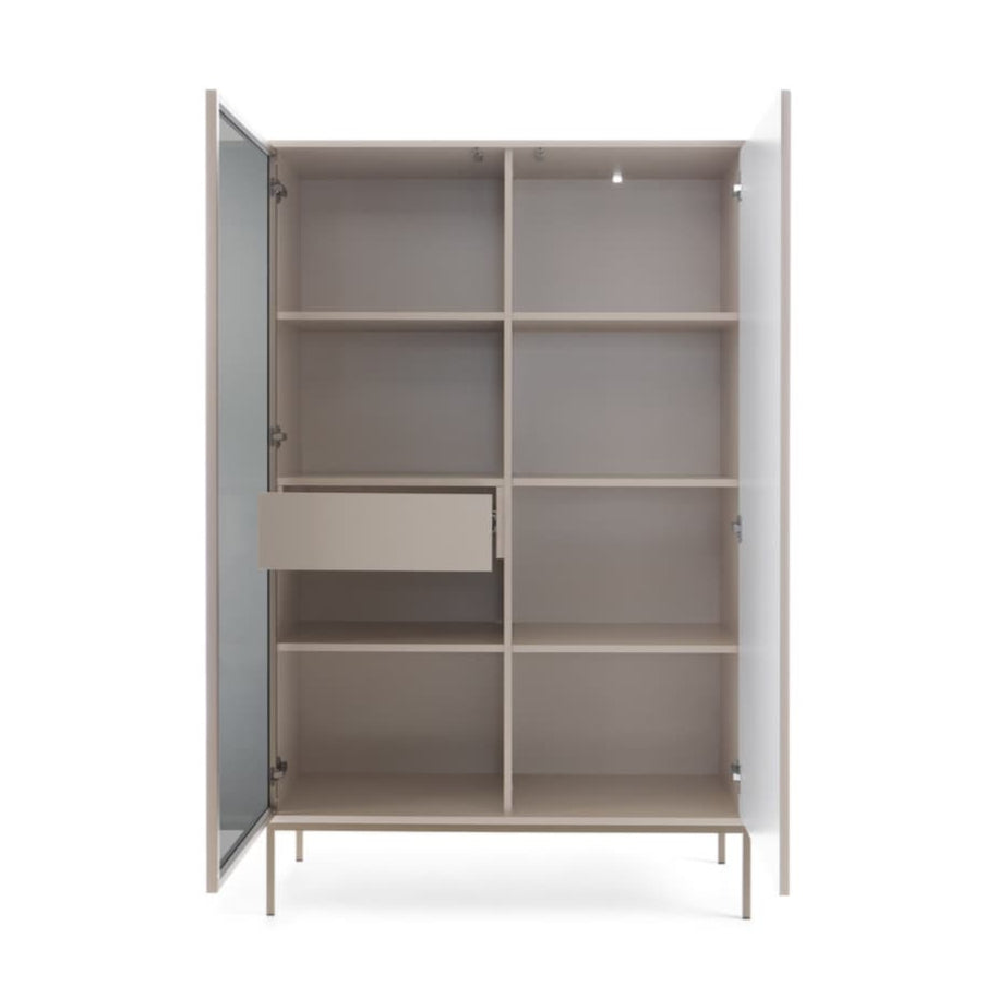 Beige storage cabinet with open doors on a white background