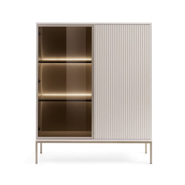 Modern cabinet with glass doors and striped design on a white background