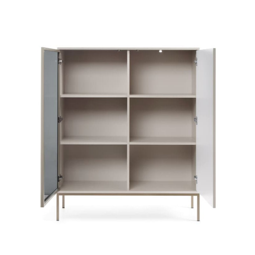 Large wooden cabinet with open doors on a white background