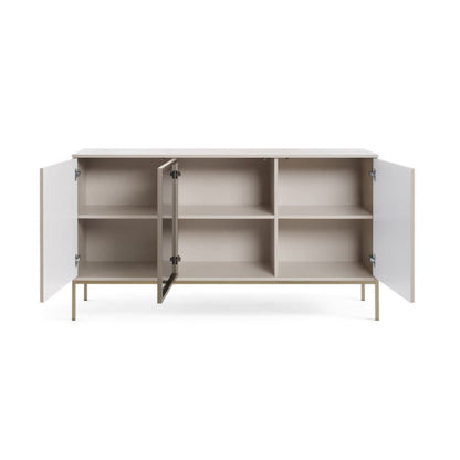 White cabinet with open doors on a white background