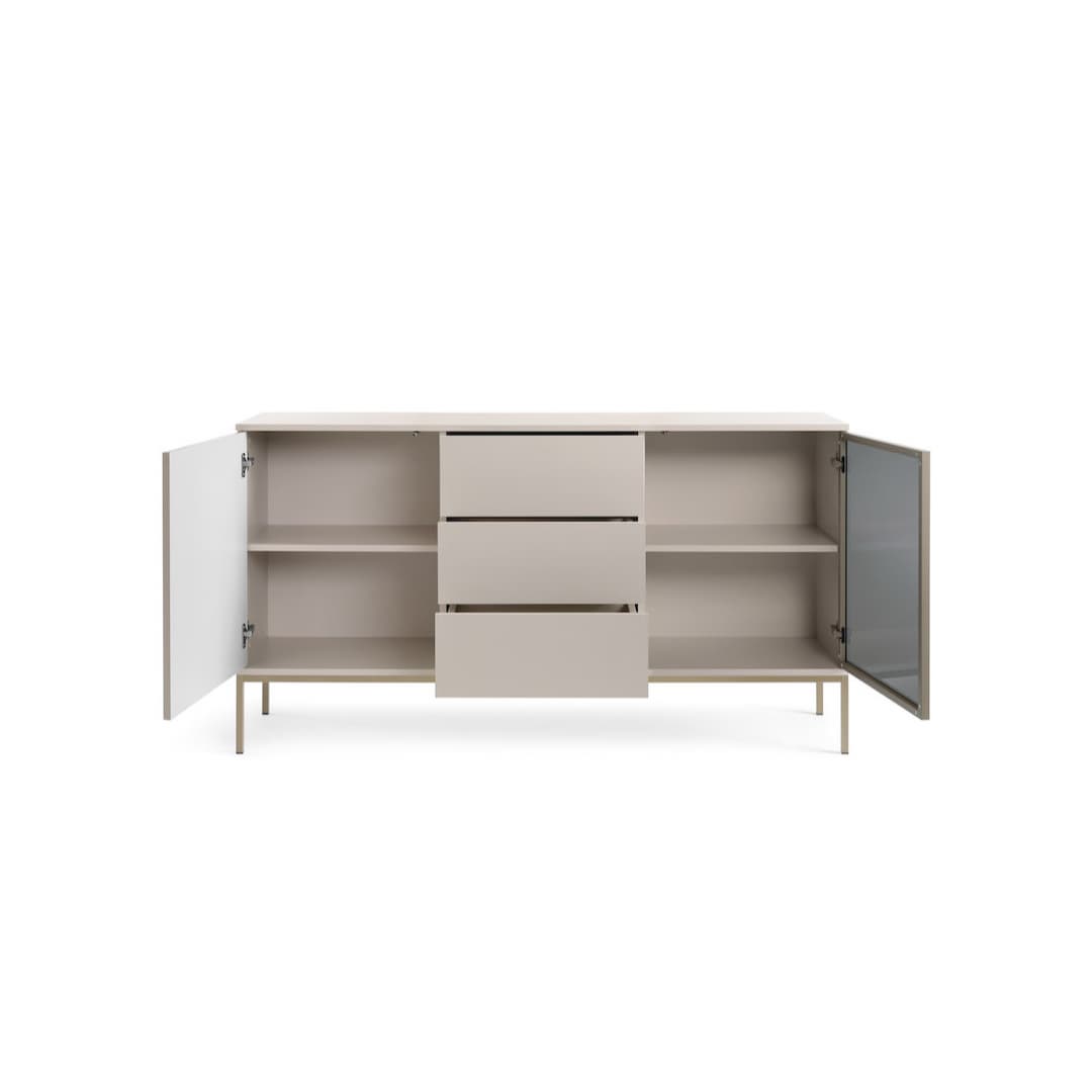 Light wooden sideboard with open doors on a white background