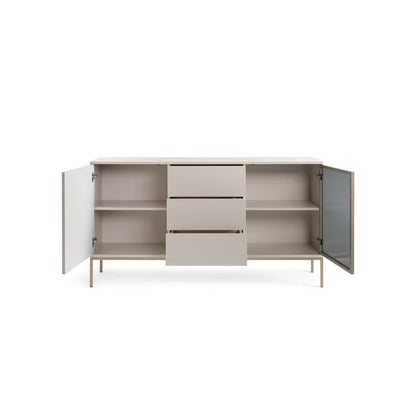 Light wooden sideboard with open doors on a white background