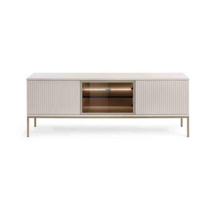 Modern sideboard with open cabinet on a white background