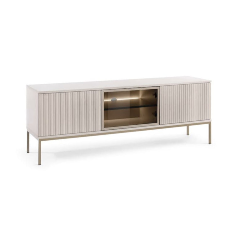 Modern white entertainment console with glass door on a white background