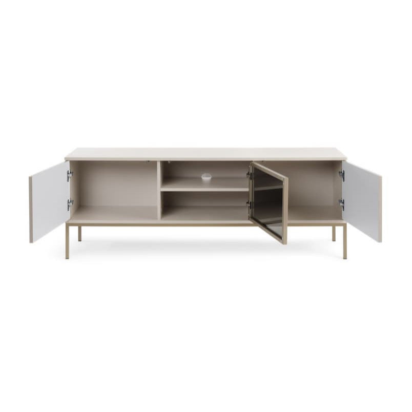 Light wooden sideboard with open doors on a white background