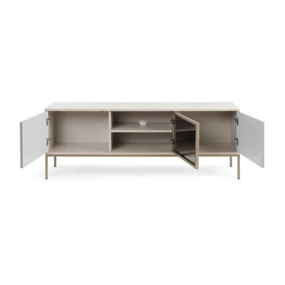 Light wooden sideboard with open doors on a white background