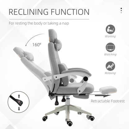 Vinsetto Home Office Chair w/ Manual Footrest Recliner Padded Modern Adjustable Swivel Seat w/ 2 Pillows Armrest Ergonomic Grey