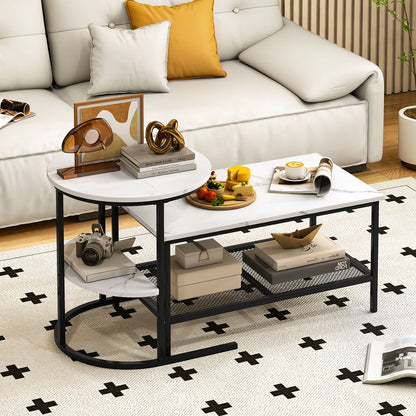 2-in-1 Modular Coffee Table Set with Faux Marble Top and Shelf, Round and Rectangular Tables for Living Room Bedroom White