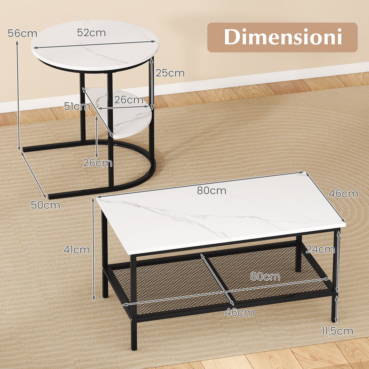 2-in-1 Modular Coffee Table Set with Faux Marble Top and Shelf, Round and Rectangular Tables for Living Room Bedroom White
