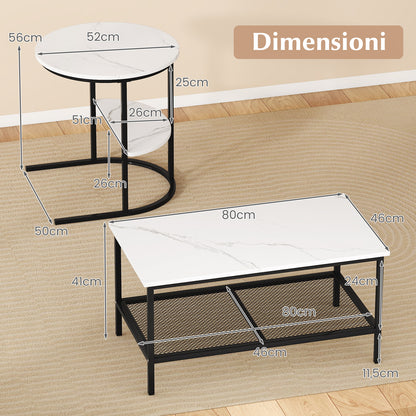 2-in-1 Modular Coffee Table Set with Faux Marble Top and Shelf, Round and Rectangular Tables for Living Room Bedroom White