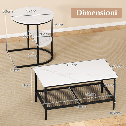 2-in-1 Modular Coffee Table Set with Faux Marble Top and Shelf, Round and Rectangular Tables for Living Room Bedroom White