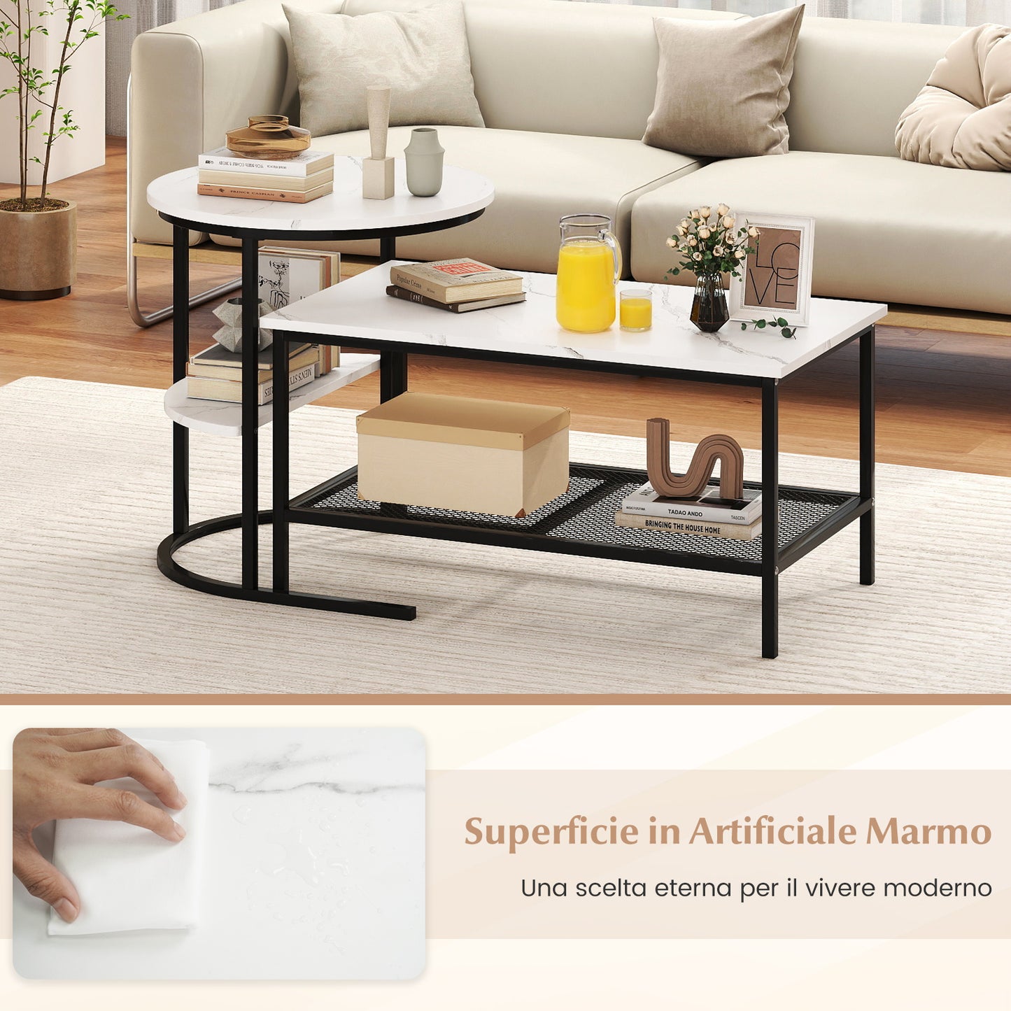 2-in-1 Modular Coffee Table Set with Faux Marble Top and Shelf, Round and Rectangular Tables for Living Room Bedroom White