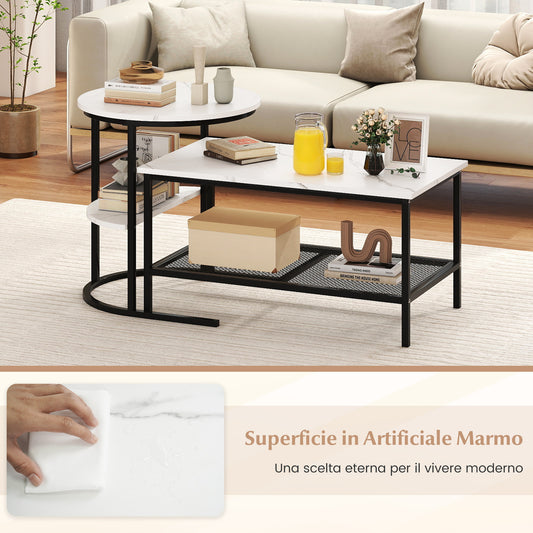 2-in-1 Modular Coffee Table Set with Faux Marble Top and Shelf, Round and Rectangular Tables for Living Room Bedroom White