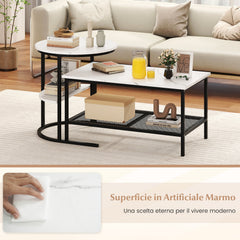 2-in-1 Modular Coffee Table Set with Faux Marble Top and Shelf, Round and Rectangular Tables for Living Room Bedroom White