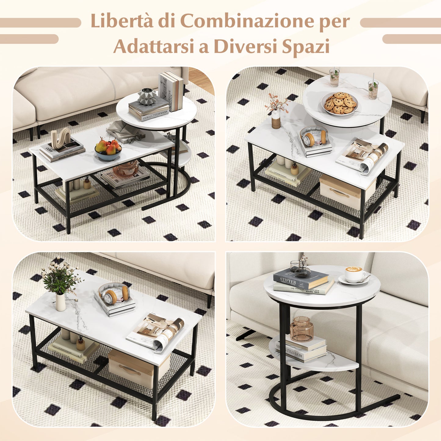 2-in-1 Modular Coffee Table Set with Faux Marble Top and Shelf, Round and Rectangular Tables for Living Room Bedroom White