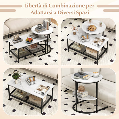 2-in-1 Modular Coffee Table Set with Faux Marble Top and Shelf, Round and Rectangular Tables for Living Room Bedroom White