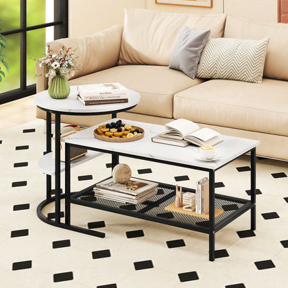 2-in-1 Modular Coffee Table Set with Faux Marble Top and Shelf, Round and Rectangular Tables for Living Room Bedroom White