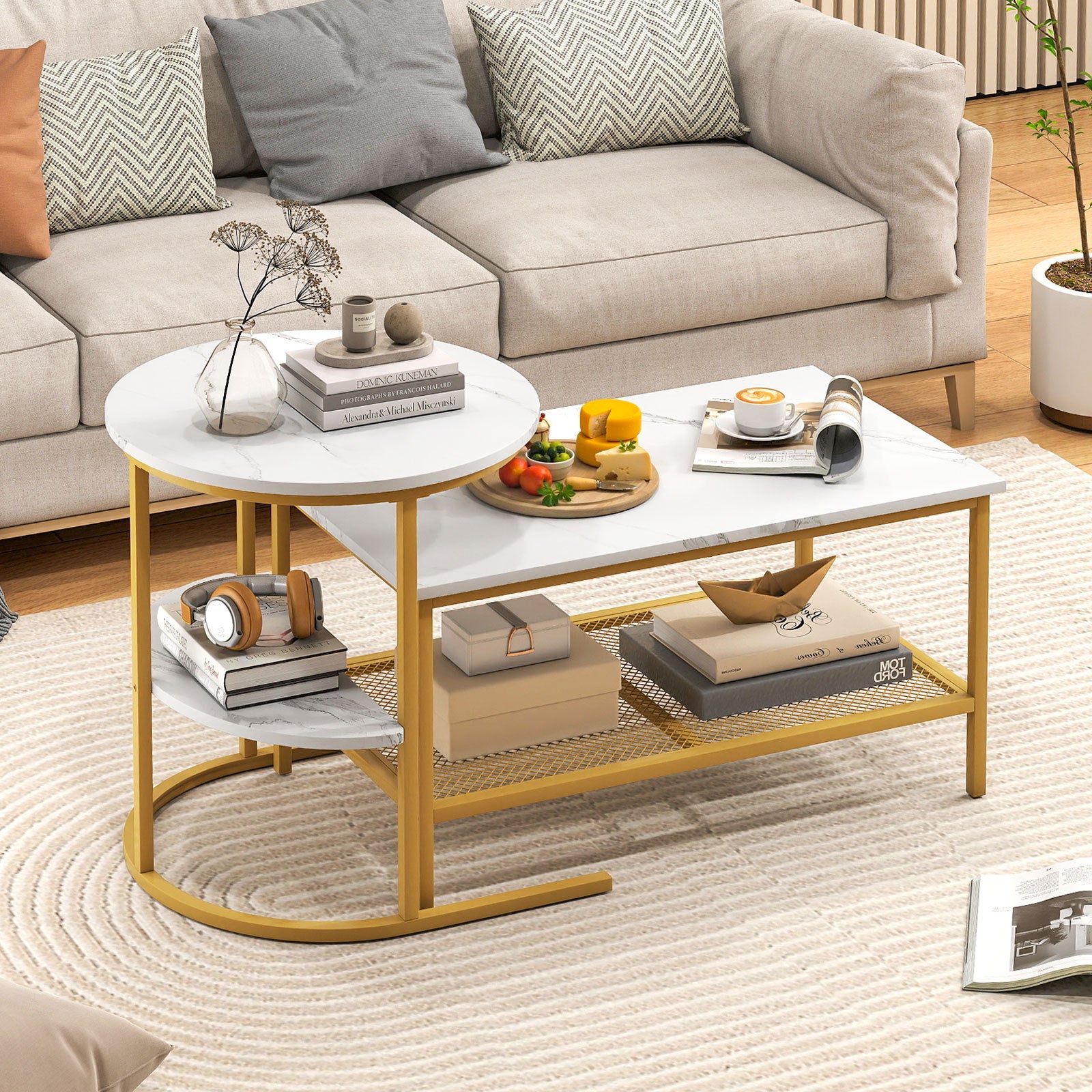2-in-1 Modular Coffee Table Set with Faux Marble Top and Shelf, Round and Rectangular Tables for Living Room Bedroom Gold