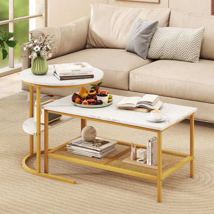 2-in-1 Modular Coffee Table Set with Faux Marble Top and Shelf, Round and Rectangular Tables for Living Room Bedroom Gold