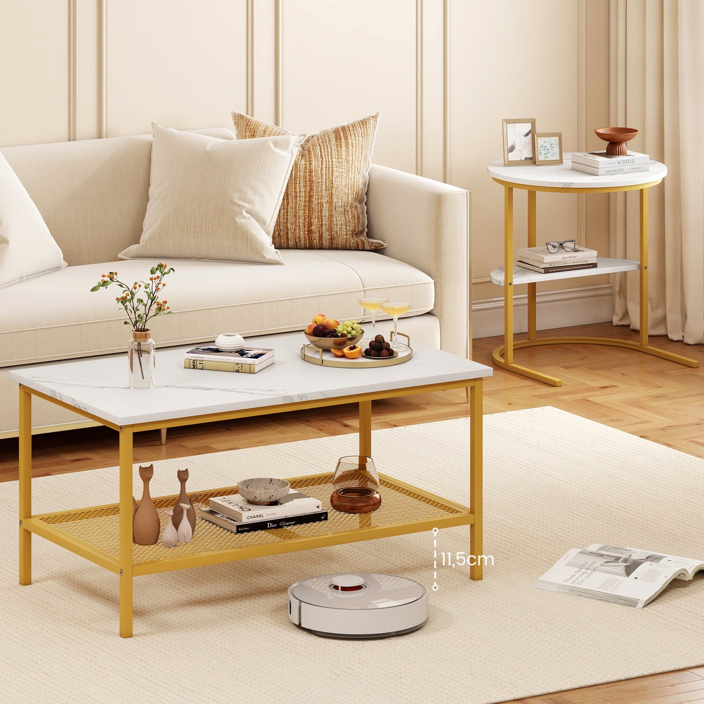 2-in-1 Modular Coffee Table Set with Faux Marble Top and Shelf, Round and Rectangular Tables for Living Room Bedroom Gold