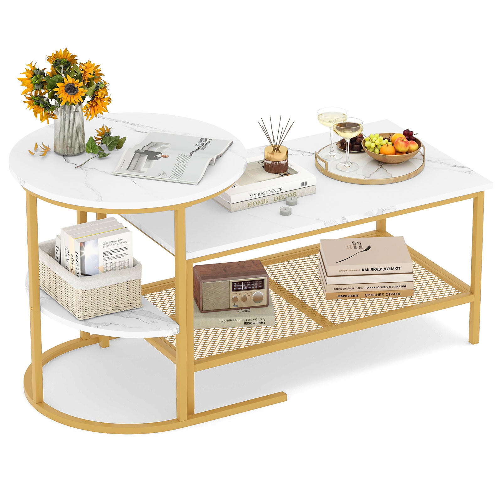 2-in-1 Modular Coffee Table Set with Faux Marble Top and Shelf, Round and Rectangular Tables for Living Room Bedroom Gold