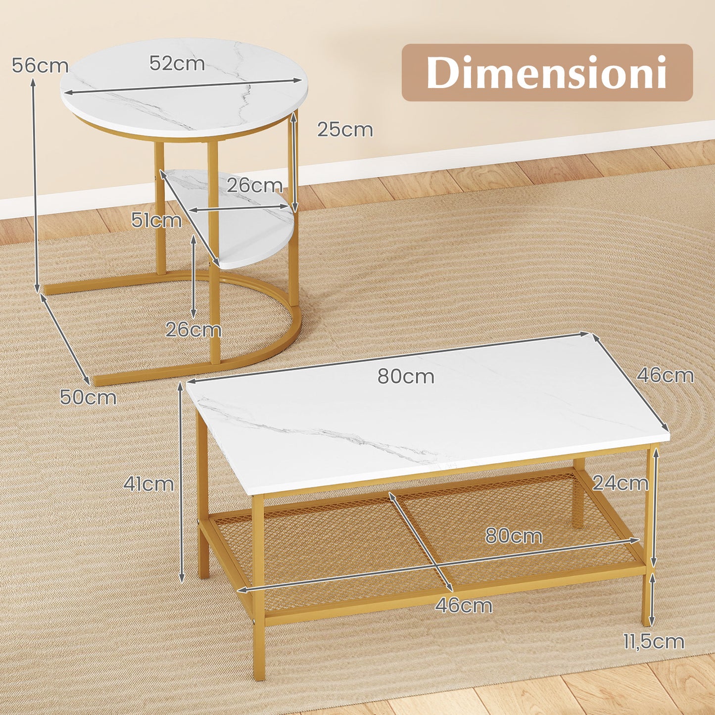2-in-1 Modular Coffee Table Set with Faux Marble Top and Shelf, Round and Rectangular Tables for Living Room Bedroom Gold