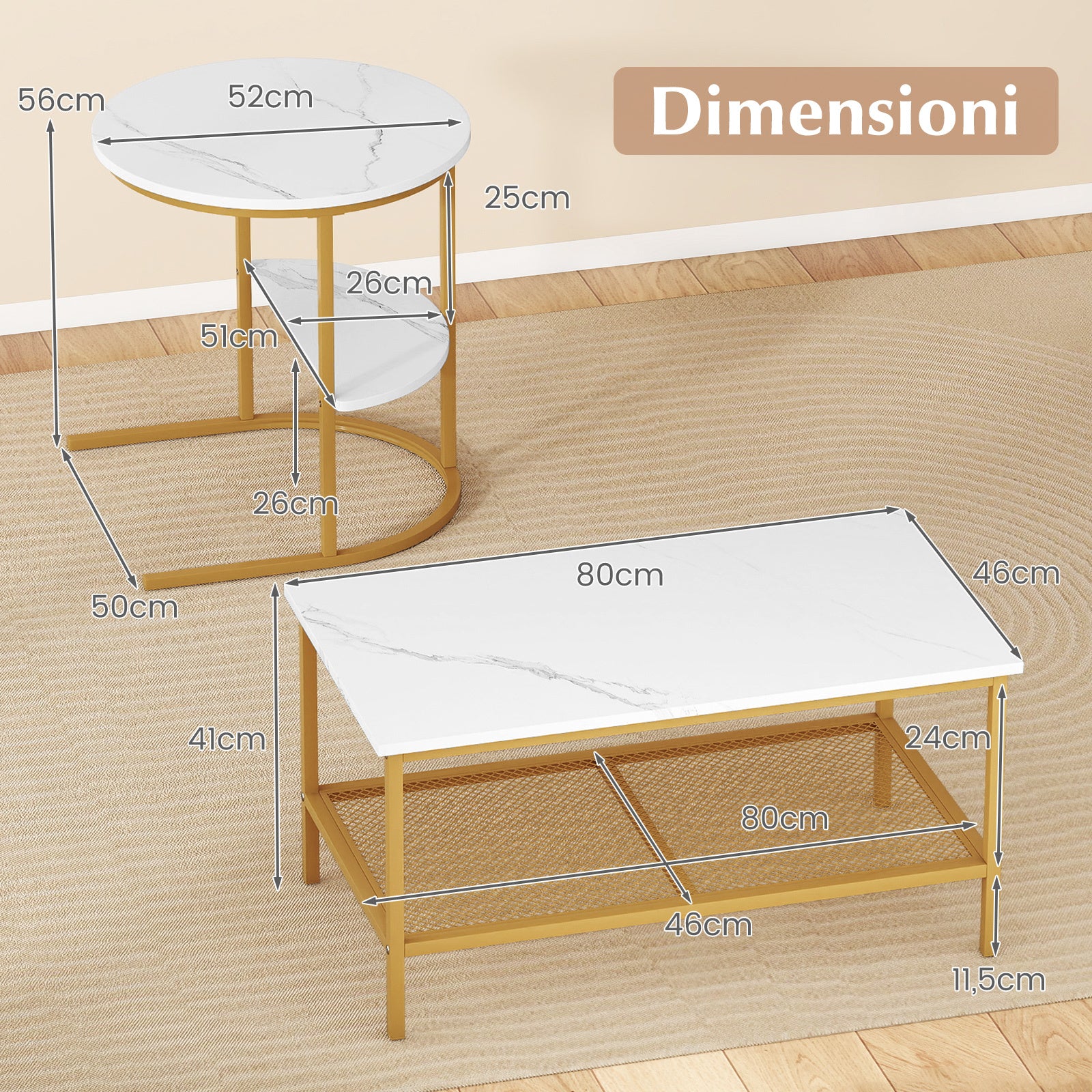 2-in-1 Modular Coffee Table Set with Faux Marble Top and Shelf, Round and Rectangular Tables for Living Room Bedroom Gold