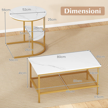 2-in-1 Modular Coffee Table Set with Faux Marble Top and Shelf, Round and Rectangular Tables for Living Room Bedroom Gold