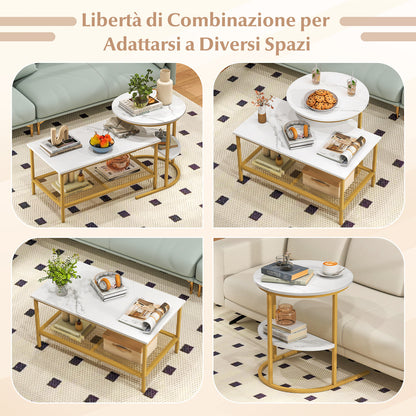 2-in-1 Modular Coffee Table Set with Faux Marble Top and Shelf, Round and Rectangular Tables for Living Room Bedroom Gold