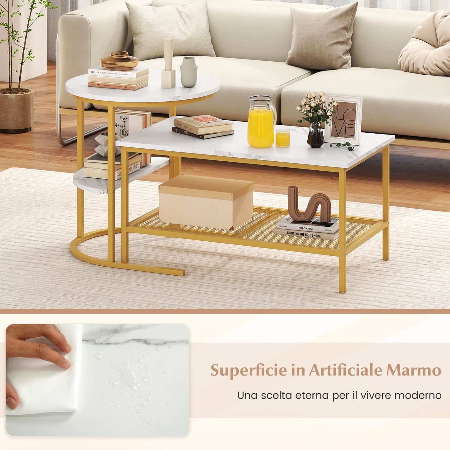 2-in-1 Modular Coffee Table Set with Faux Marble Top and Shelf, Round and Rectangular Tables for Living Room Bedroom Gold