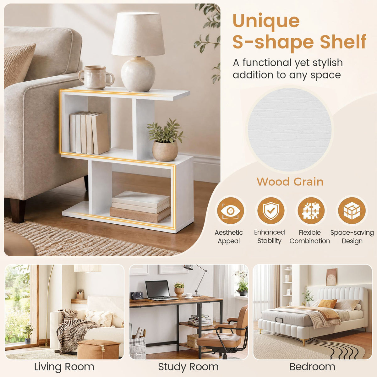 Set of 1 Decorative Storage Shelf Featuring Open Layout and Non-Slip Foot Pads-White