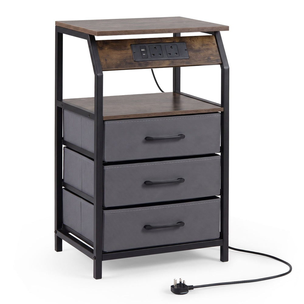 Set of 1 End Table with Charging Station and 3 Fabric Drawers for Living Room