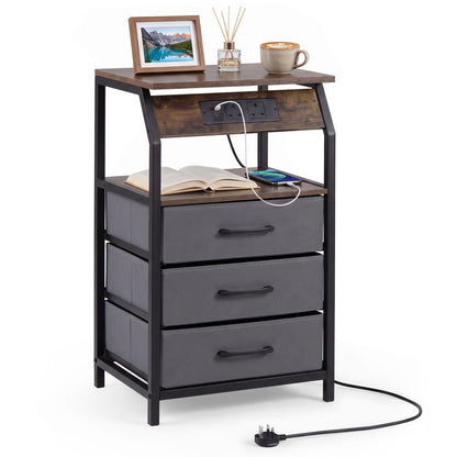 Set of 1 End Table with Charging Station and 3 Fabric Drawers for Living Room