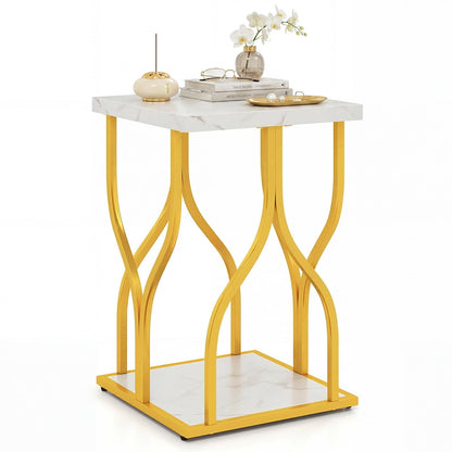Set of 1 Faux Marble Nightstand with Storage Shelf for Bedroom Small Space-White