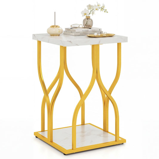Set of 1 Faux Marble Nightstand with Storage Shelf for Bedroom Small Space-White