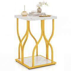 Set of 1 Faux Marble Nightstand with Storage Shelf for Bedroom Small Space-White