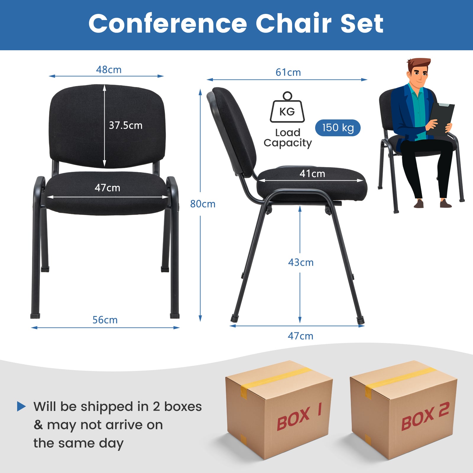 Set of 10 Conference Room Chairs with Upholstered Back and Seat-Black