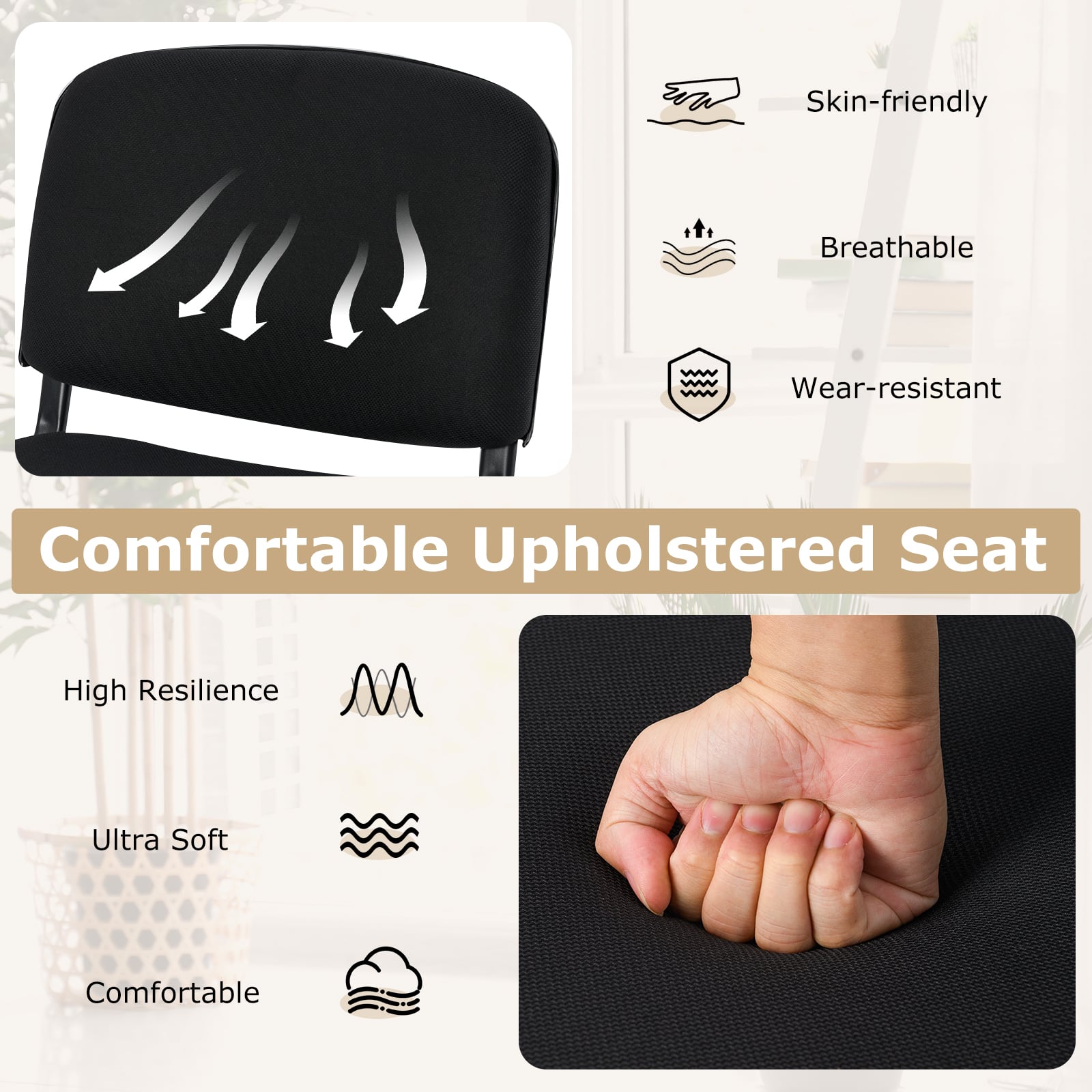 Set of 10 Stackable Home Office Chairs with Waterfall Seat and Metal Frame-Black